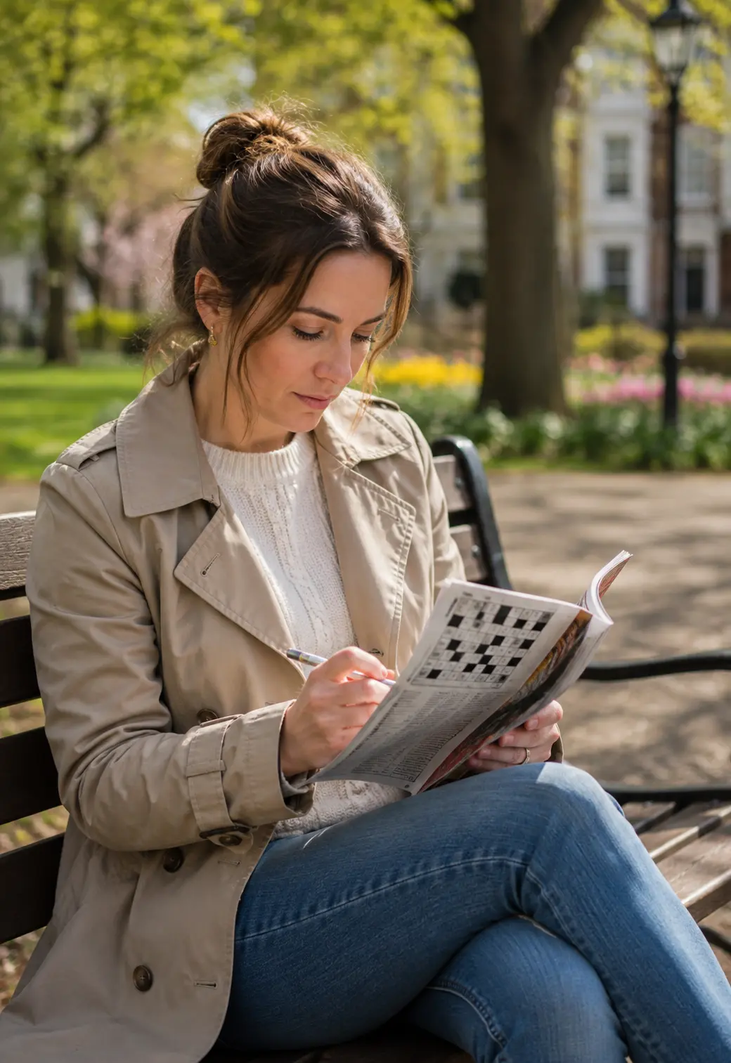 Reader completing a Crossmots crossword outdoors