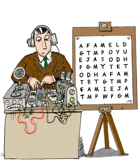 Illustration of a puzzle compiler at work beside a word-search board