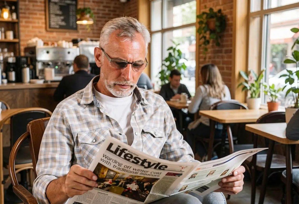 Person reading a newspaper in a cafe